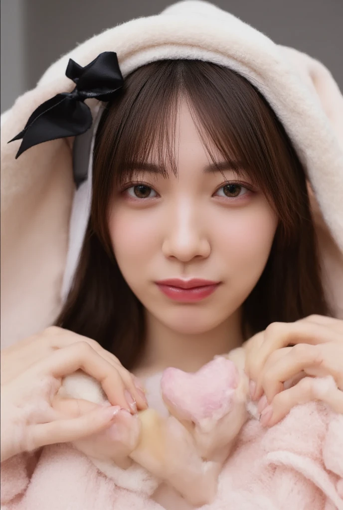 Only one woman with a cute smile wears cute, fluffy off-shoulder pajamas, makes a big heart shape with both hands, and poses them in front of her chest, View above collarbone、The background is a monotone 

