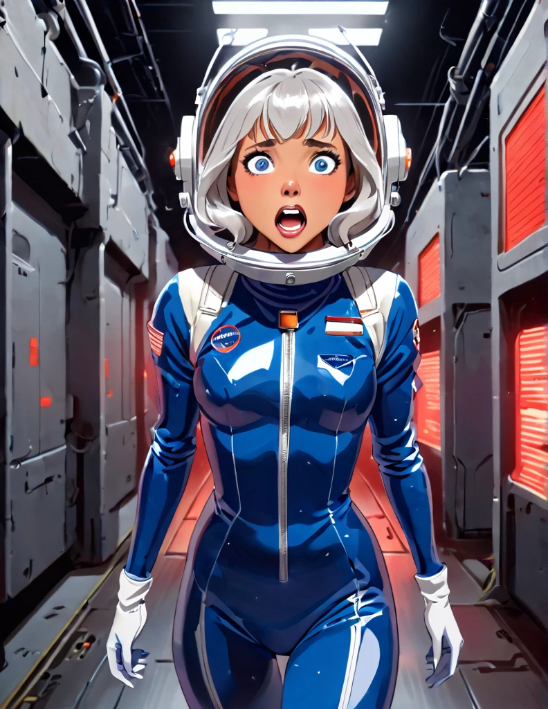 Tanned Woman with silver hair. She is wearing a skin-tight blue space suit with a retro clear dome Astronaut helmet. . She is running in a darkened sci-fi factory corridor with red lights. She looks frightened and has her mouth open.