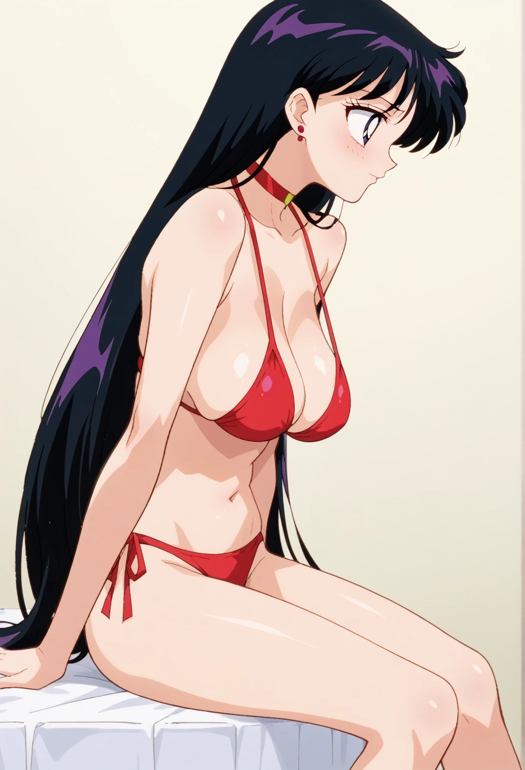 score_9, score_8_up, score_7_up, Thornhex, black hair, red highlights , SD90style, retro artstyle, source_cartoon, red nails, blue eyes, red lips, long hair, looking at viewer, breasts, lipstick, makeup nude, ass