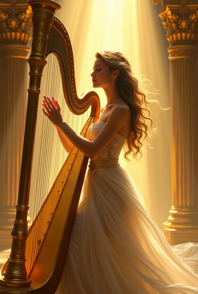 (photorealism:1.2), girl, wearing black high heels, black cotton garter belt, satin dress, long blonde hair, holding a golden harp, realistic, intricate details, by Greg Rutkowski, by Alphonse Mucha
