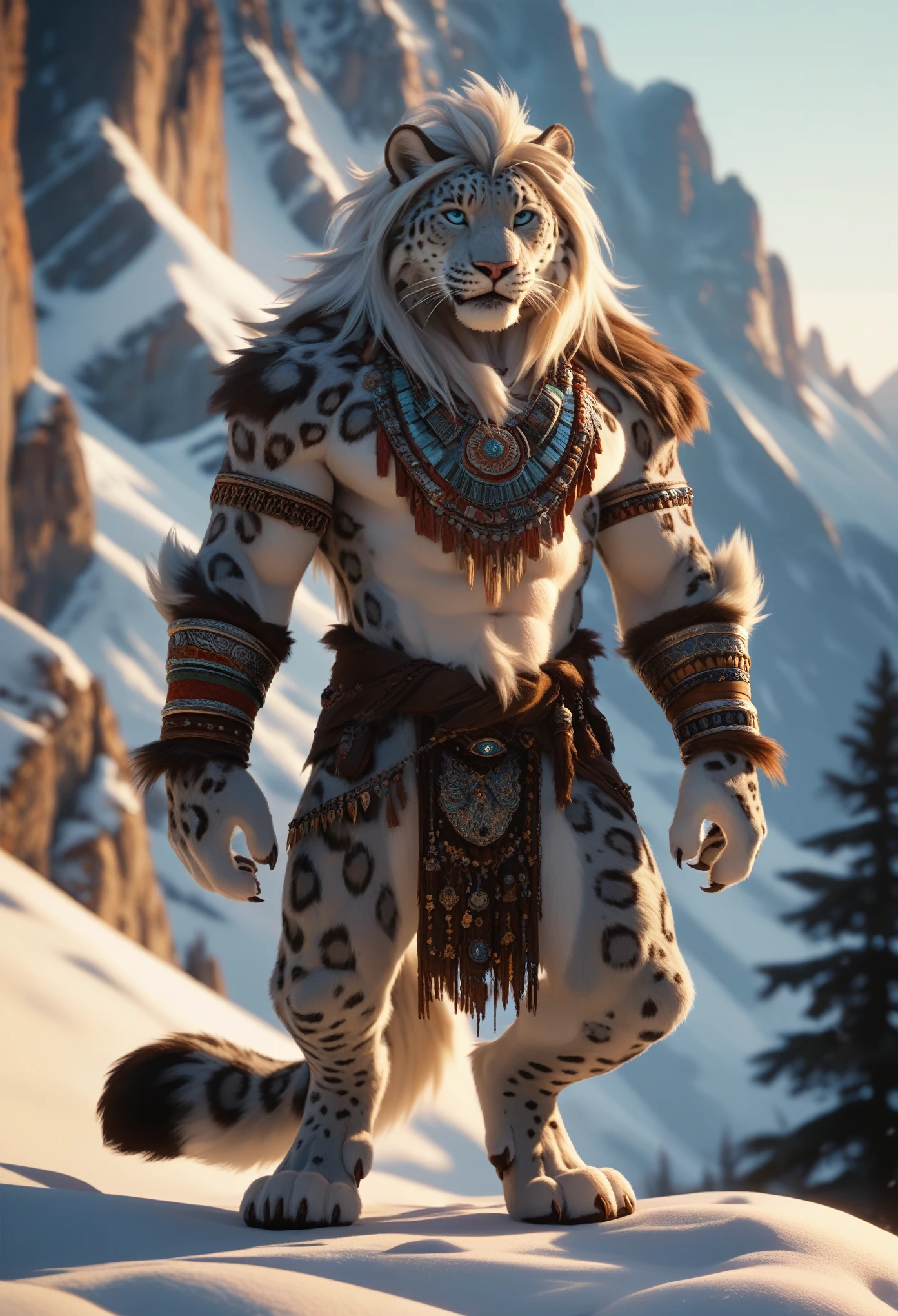 snow-leopard, male, alone, stands upright on 2 paws, furry, front view, with mane, human-like hands, naked, very detailed fur, iron-bracelets on arms and legs, decorated iron-belt, necklace, in high mountains, spring, turned towards the viewer, very detailed furs, Full body, very detailed, very detailed background, daylight