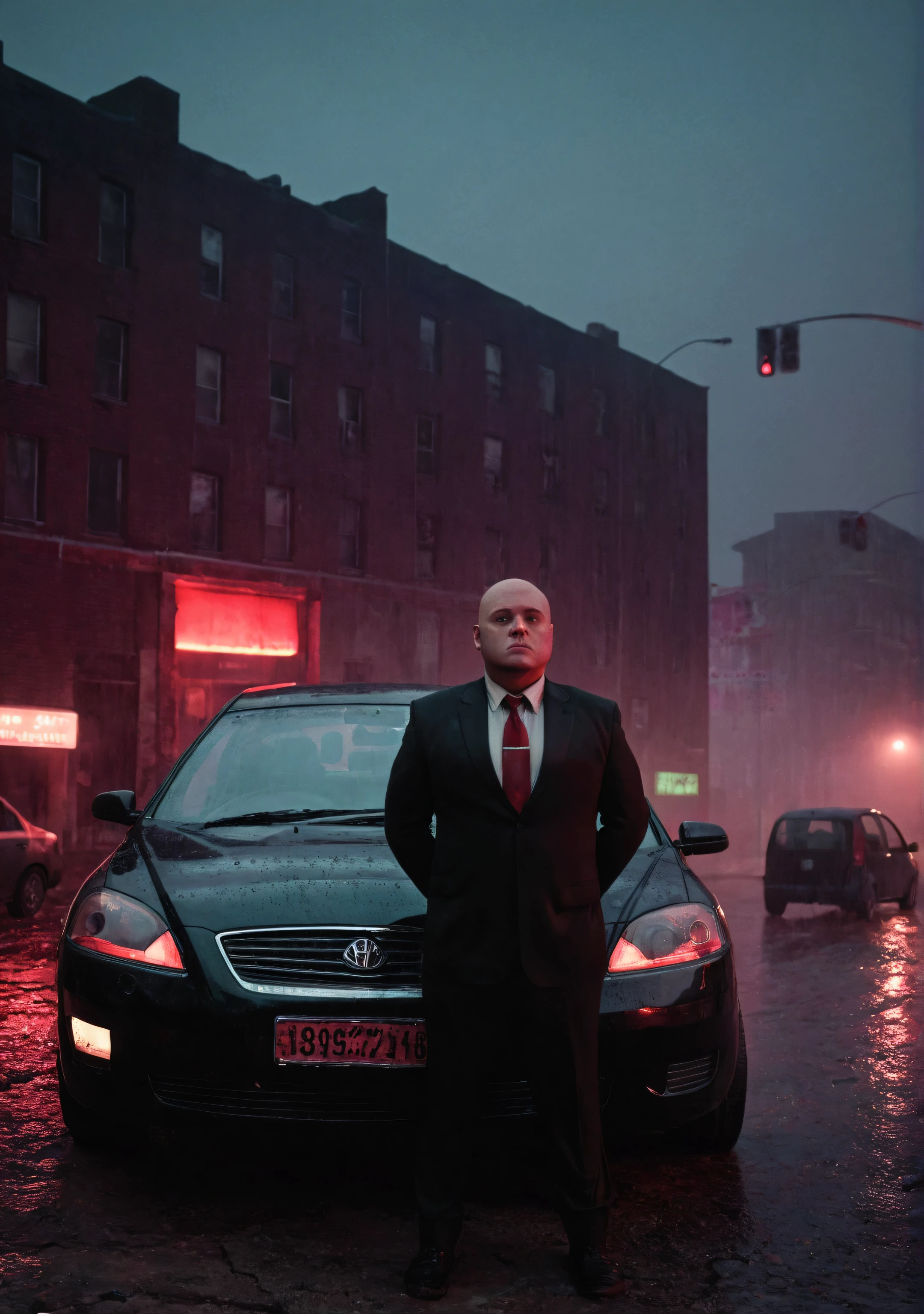 A chubby man standing next to a car wearing a black suit. Red sky, night, a rain-soaked, decaying city. The streets are abandoned, and the atmosphere is thick with melancholy. a view of a city at night with red lights and fog