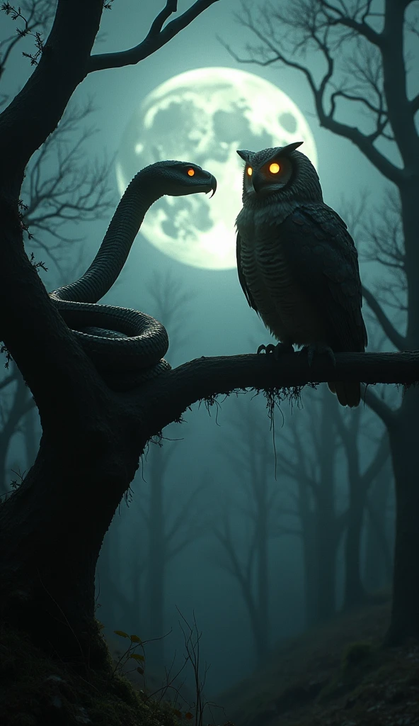 Horrror scene, outlast, silent hill atmosphere. A massive cobra and a giant owl face each other on a twisted tree branch, high above a dark forest. The cobra coils, its scales glistening under the faint moonlight, while the owl's feathers puff up, its large, piercing eyes glowing in the night. The air is thick with tension and an eerie silence, (Ultra-realistic, 32k, Masterpiece, High Quality, Detailed Realistic Background, Official Art, Realistic Lighting, filmfotos, film grain, reversal film photography), Mysterious
