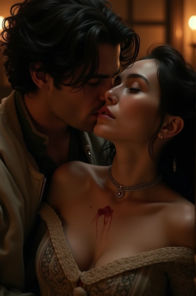 Prompt for Jon Snow and Joanna Lannister in an Intimate Embrace:
Description:
Joanna Lannister: Beautiful woman, blonde hair, curvy, wearing medieval nightwear or partially covered by sheets, played by Sadie Sink. Detailed face, porcelain skin, relaxed and intimate expression.
Jon Snow: Handsome man, black hair, black beard, shirtless or partially covered by sheets, played by Kit Harington. Detailed face, rugged features, relaxed and intimate expression.
Setting: In a medieval-style bedroom with soft, warm lighting. The setting should be luxurious but fitting within the "Game of Thrones" world.
Lighting: Soft, warm candlelight or moonlight filtering through a window, creating a cozy and intimate ambiance. Rim lighting to accentuate their features and the tenderness of the moment.
Specific Elements:
Mood: Tender, intimate, and loving. Both characters are embracing each other under the sheets, with a sense of warmth and closeness.
Composition: Centered, half-body shot, with both characters in the foreground. Detailed portrait with emphasis on their expressions and the intimacy of the moment.
Detailed Background:
The bedroom should include medieval elements such as wooden furniture, a canopy bed with heavy drapes, and soft bedding.
The ambiance should be warm and cozy, with the soft lighting enhancing the intimate atmosphere.