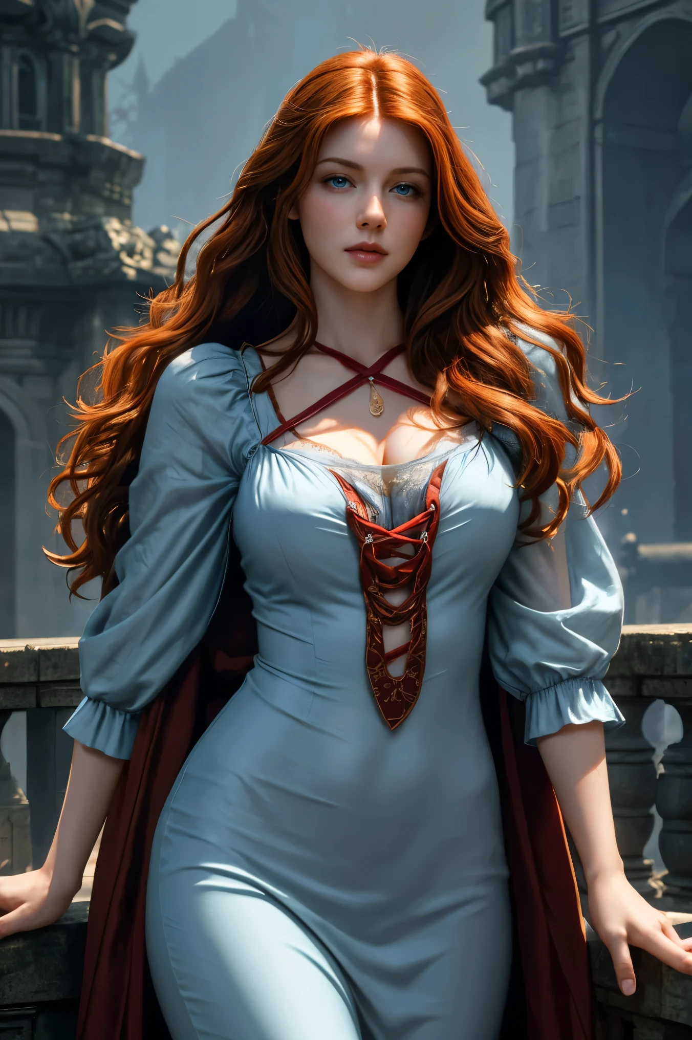 detailed character portrait of Jane Foster, late 20s to early 30s, 5'8", slender athletic build, long curly chestnut brown hair, bright blue eyes, porcelain skin with freckles, wearing a long-sleeved dress in shades of blue, green, or purple, white apron with pockets, work on a loom, kind smile, focused gaze, ethereal lighting, digital painting, highly detailed, aincent time.