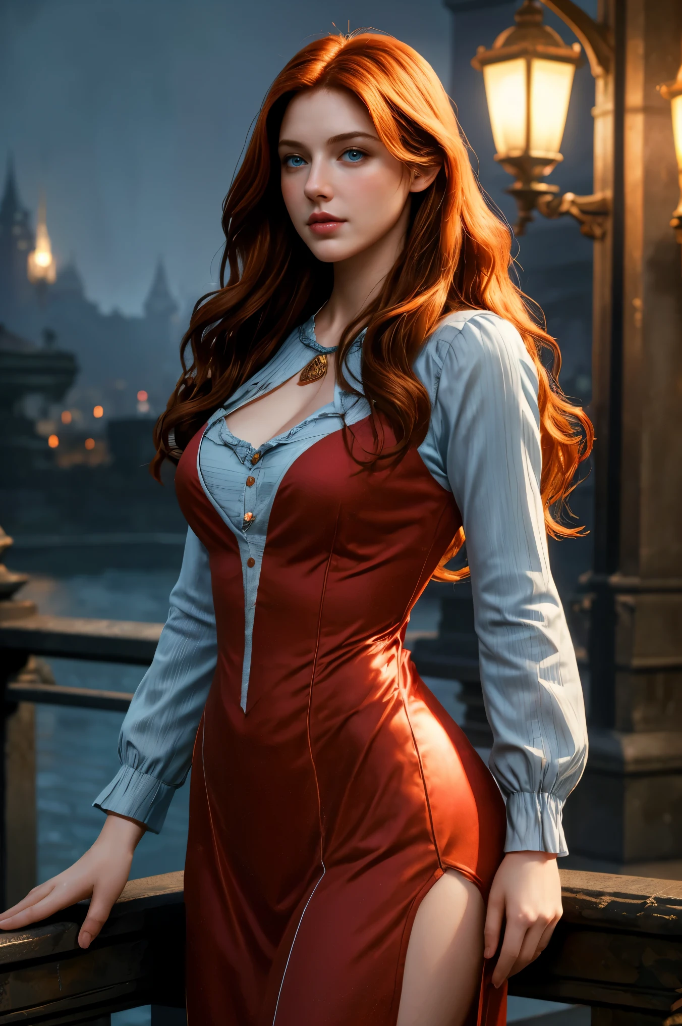 1 girl, lingerie, lenore from castlevania, medieval castle, vampire, red hair, full body shot