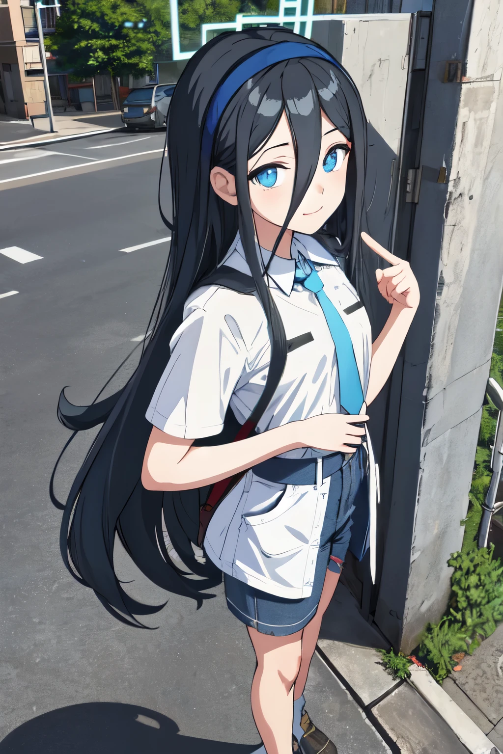 arisdef, (very long hair:1.1), pointing up, hand on hip, from above, smug, street, masterpiece, best quality, highres, nice hands, perfect hands, jeans, cum on clothes, ahegao face, public toilet, covered in pee