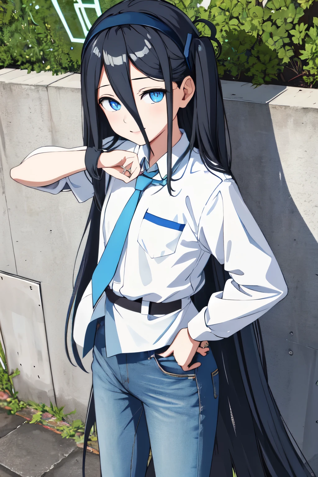 arisdef, (very long hair:1.1), pointing up, hand on hip, from above, smug, street, masterpiece, best quality, highres, nice hands, perfect hands, jeans, cum on clothes, ahegao face, public toilet, covered in pee