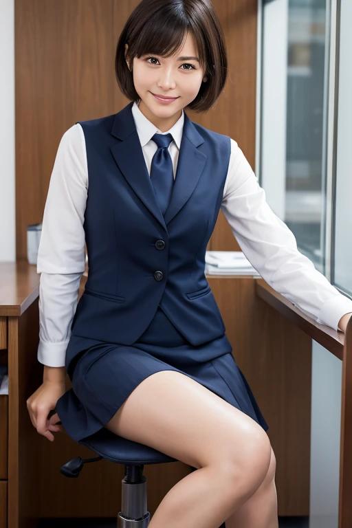 There is a woman sitting on a chair with a lovely smile, フルレングスのWhite Stockings, Akemi Takada, White Stockings, Wearing a business suit, Asian, sorry, Knee socks and skirt, Wearing a business suitいる, Asian Girl, Japanese Goddess, Japanese Model, Teasing Smile, Friendly and seductive smile, Tight clothing