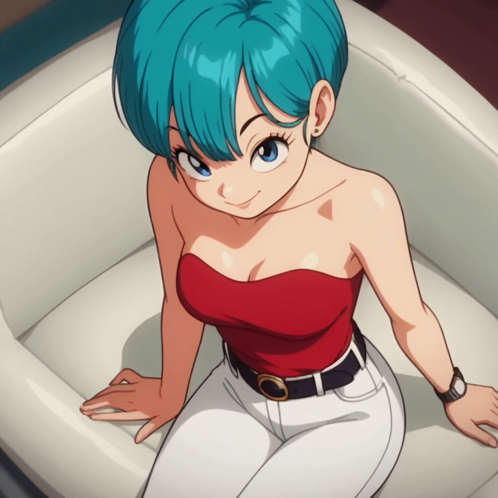 source_animated, score_9, score_8_above, score_7_above, animated screencap, Bulma,  short hair , aqua hair,  cut bob, blows, Blue eyes, 1 girl, Alone,  bare shoulders, strapless,  belt,  medium breast, red shirt, white pants, wristwatch,  sitting on a couch,  seductive smile 
