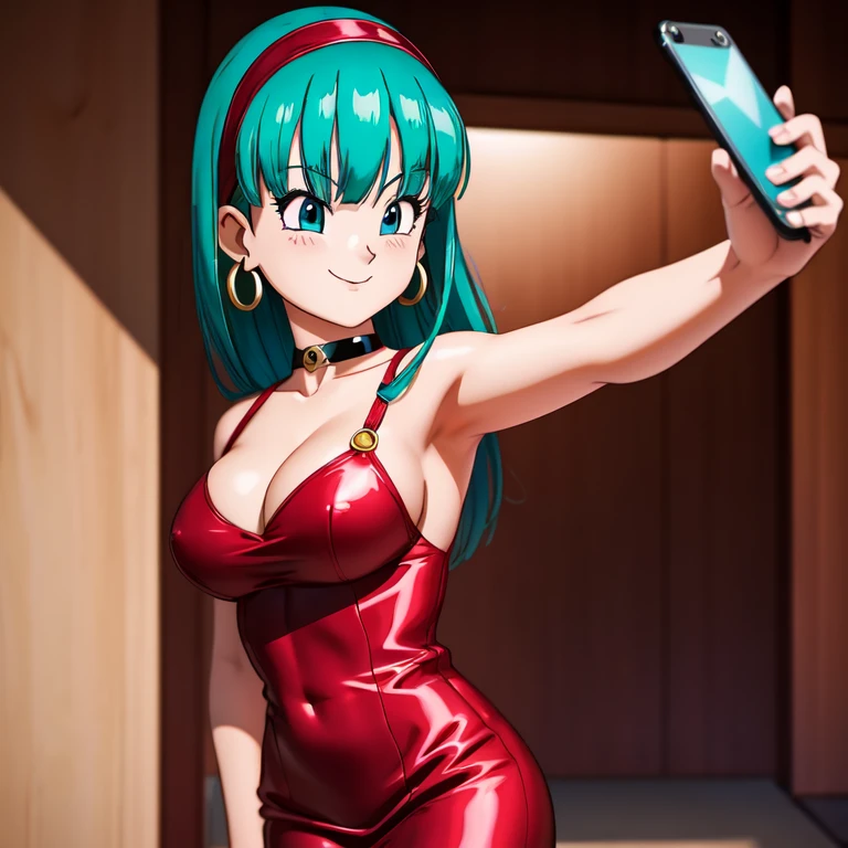 (Photo:1.3), high detail, bulla, 1 girl, Alone, Pansidium breasts , red dress, selfie, smile, (Aclamado,  seductive, captivating, exciting, gorgeous, striking:1.3), ( trend in artstation :1.3)