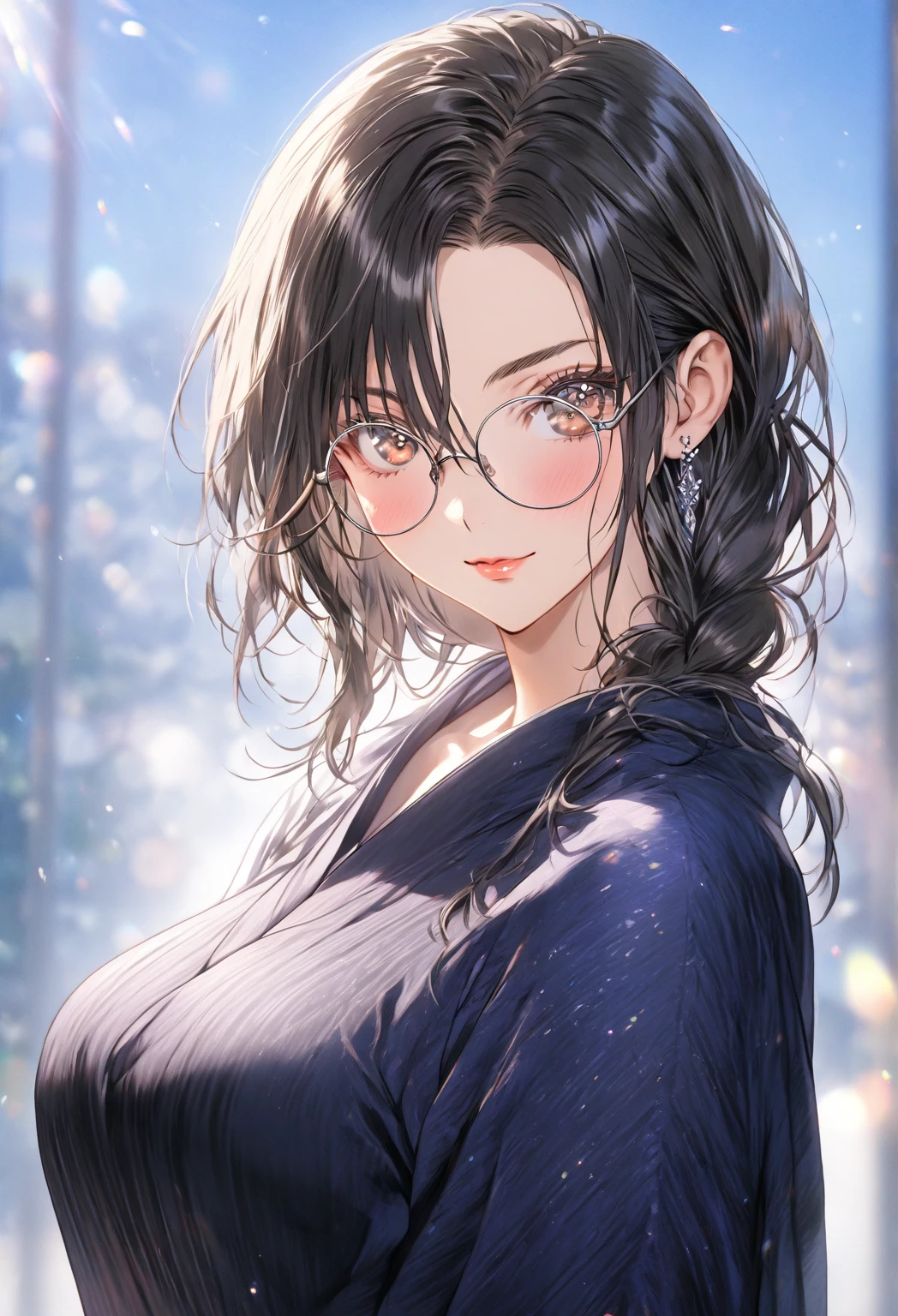 ((highest quality)), ((masterpiece)), (detailed), (front view), (one girl), sexy, shiny skin, glossy skin, height 168cm, bust 120cm, big breast, hourglass body, housewife, black hair parted bangs, A mother with warm eyes, Wearing round glasses, Looking at viewer with gentle eyes, wearing a over shoulder maxi, medival background, The fabric is slightly translucent in the sunlight.