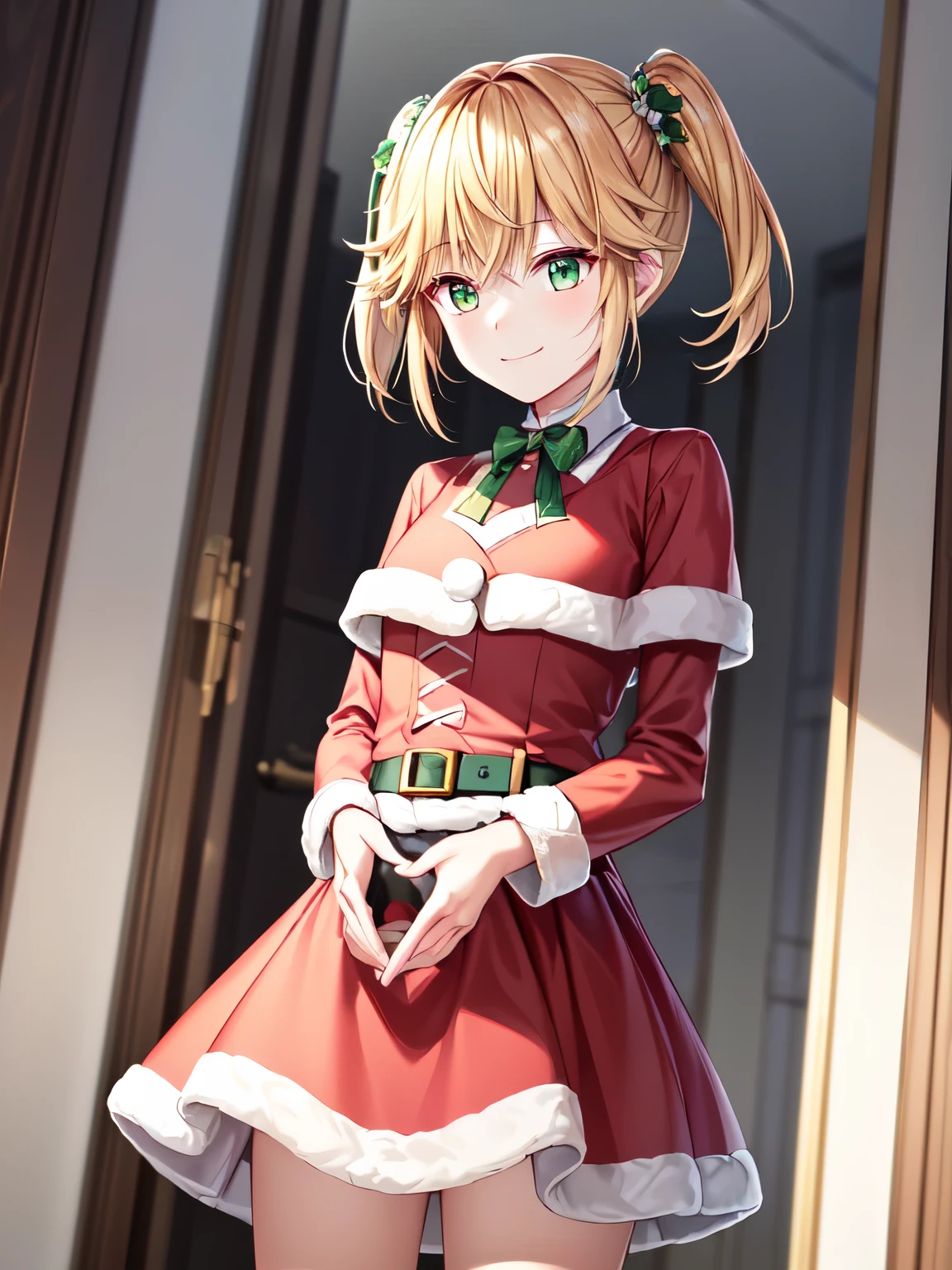 masterpiece, best quality, to Viewers 、 one girl 、solo、indoor、bet、tart 、Blonde,Standing、 closed mouth、smile、Eyes that look like beautiful jewels, Absolute reference to the center、(Santa、Santaクロース,Santaの衣装:1.2)、Santaの帽子、Absolute reference to the center、 cute, extremely detailed CG, ( Perfect Hands , perfect anatomy),Hands on the back