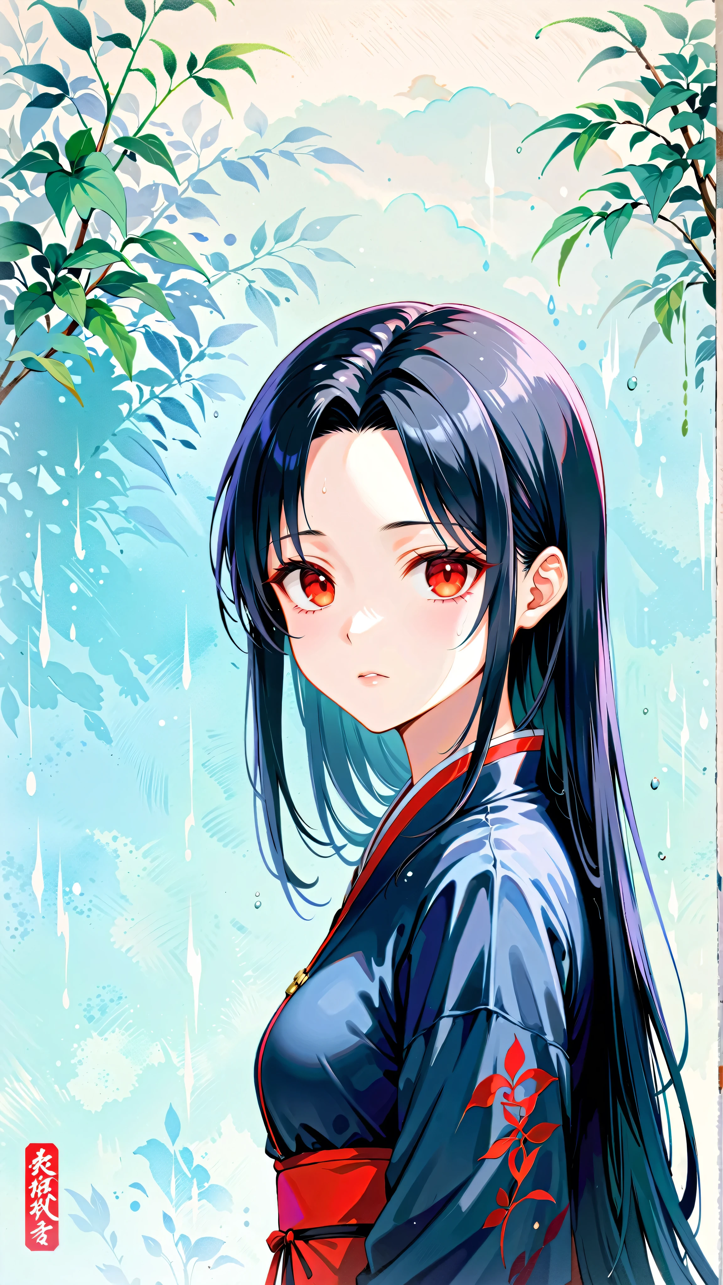 (Misty rainy countryside ink Chinese painting background:1.4)，(Pencil_Sketch:1.2, messy lines, traditional media, sketch),(best quality,4K,High resolution), 1 female, Long straight hair with black and red highlights, shiny long straight hair, Innocence，sharp eyes、red eyes、icy look in the eye、 Face、depressed、looking back at the audience、small nose、Eyeliner、 Messy flying hair、The red robe fluttered、Rear view、straighten your back、camera angle from behind、Show your back、Back close-up、red back(lotus tattoo:2.0)pattern、Samurai sword，comics，and soul，Delicately express realistic skin texture、Muscle texture reproduction、gothic art
