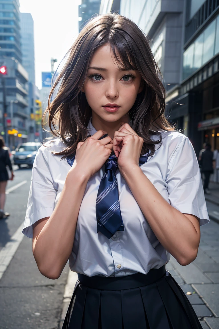 (8k,  RAW Photos, masterpiece:1.3), (Realistic, photo-Realistic:1.37), (  knight ), ( Viewers:1.331), (Gray Hair), Pose, tokyo street,   knight cityscape,  cyberpunk city, Soft light,  1 girl,   very beautiful face ,  Bust, Put your hands down, Random hair style , Random Expressions, Big Eyes,  Lower abdomen , (Short sleeve .ＪＫ_shirt), ＪＫ_ style , (dark blue ＪＫ_skirt), (bow ＪＫ_tie),  mix 4.,  best quality