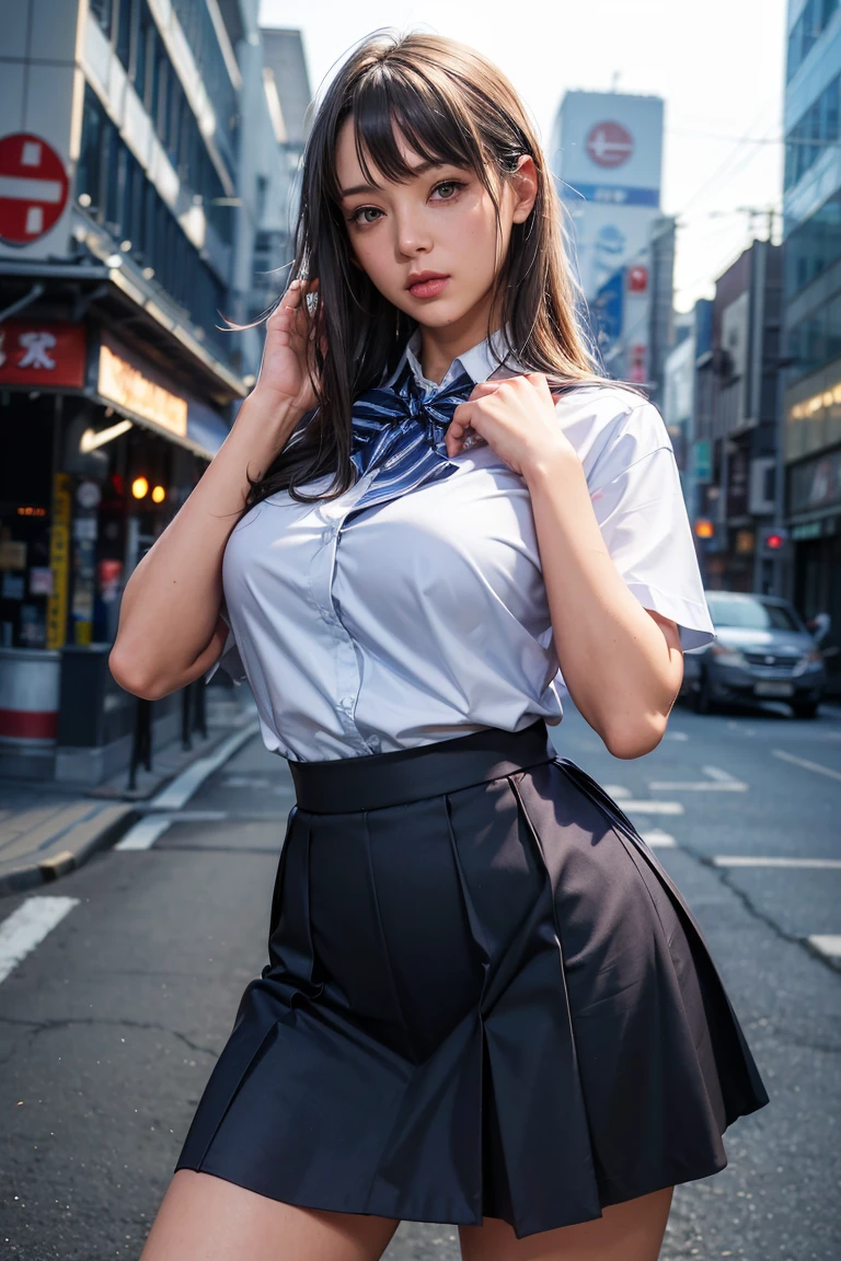 (8k,  RAW Photos, masterpiece:1.3), (Realistic, photo-Realistic:1.37), (  knight ), ( Viewers:1.331), (Gray Hair), Pose, tokyo street,   knight cityscape,  cyberpunk city, Soft light,  1 girl,   very beautiful face ,  Bust, Put your hands down, Random hair style , Random Expressions, Big Eyes,  Lower abdomen , (Short sleeve .ＪＫ_shirt), ＪＫ_ style , (dark blue ＪＫ_skirt), (bow ＪＫ_tie),  mix 4.,  best quality