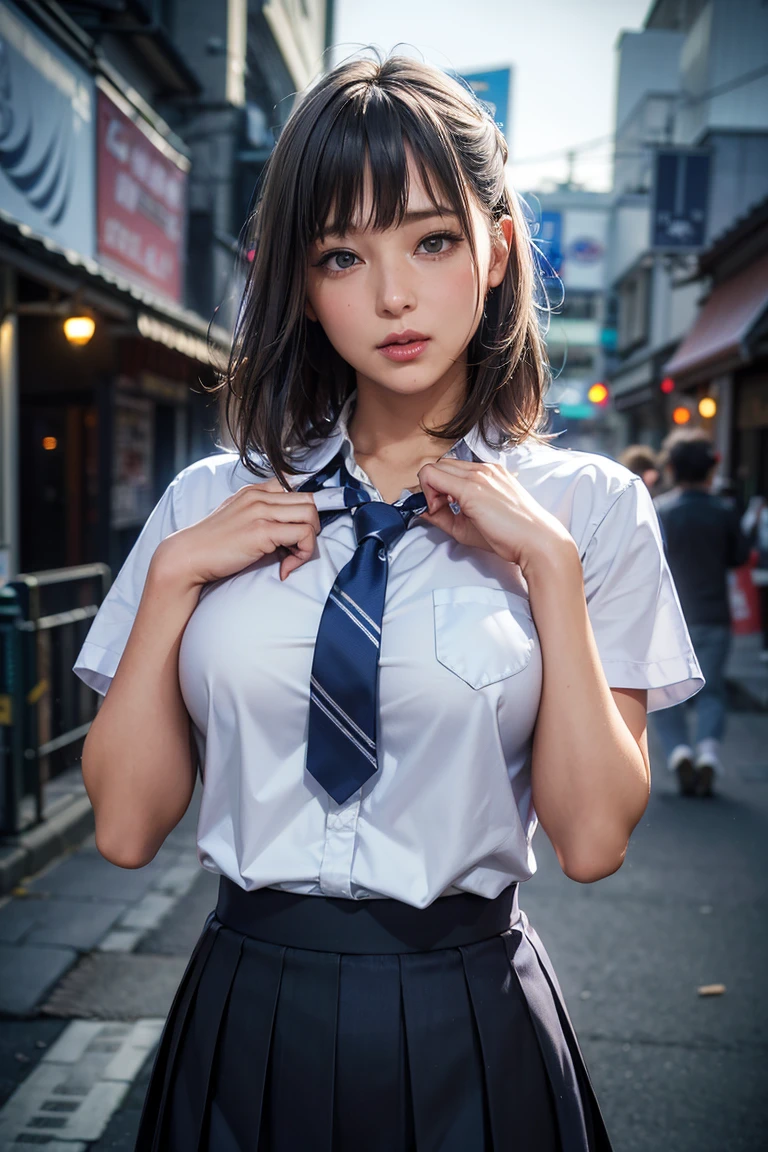 (8k,  RAW Photos, masterpiece:1.3), (Realistic, photo-Realistic:1.37), (  knight ), ( Viewers:1.331), (Gray Hair), Pose, tokyo street,   knight cityscape,  cyberpunk city, Soft light,  1 girl,   very beautiful face ,  Bust, Put your hands down, Random hair style , Random Expressions, Big Eyes,  Lower abdomen , (Short sleeve .ＪＫ_shirt), ＪＫ_ style , (dark blue ＪＫ_skirt), (bow ＪＫ_tie),  mix 4.,  best quality