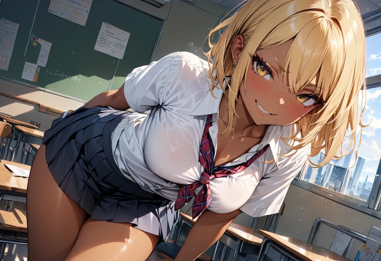 (masterpiece, best quality, ultra detailed, high resolution, detailed facial description), (1 girl:1.3), gyaru, school uniform, mini skirt, underwear under the shirt, clothing pull:1.3, (brown skin:1.3, tanned skin:1.3), light yellow eyes:1.1, short hair, blond hair, (smirk:1.1), classroom