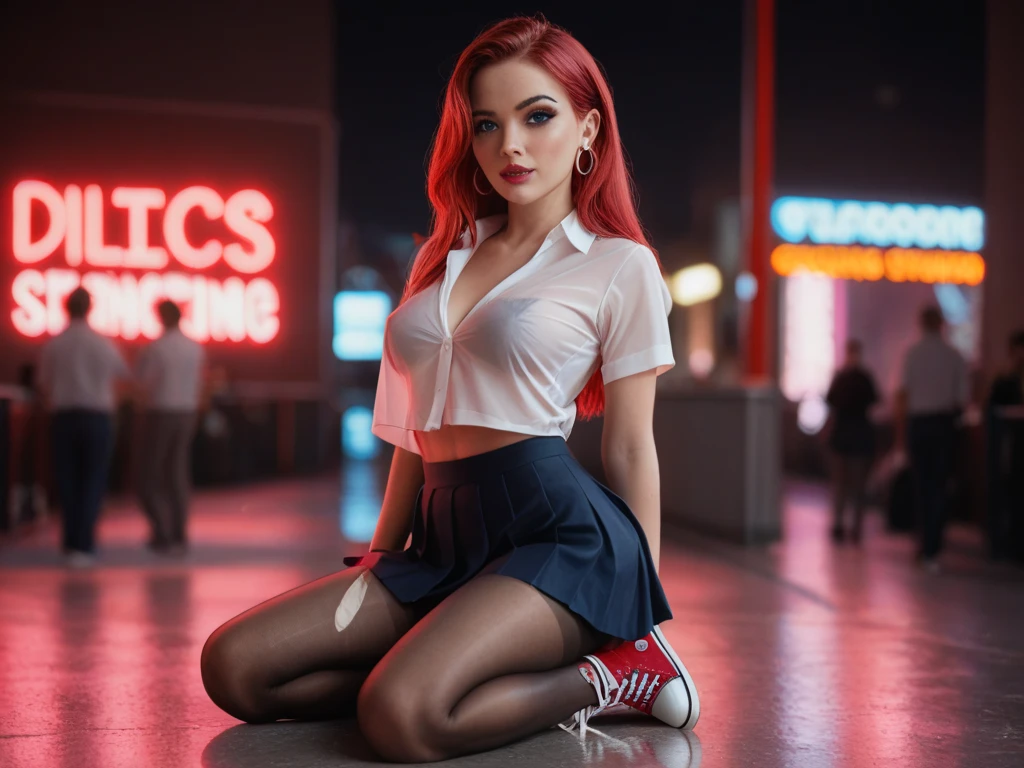 a 18 yearold schoolgirl, wearing red school skirt, see through top, tits, pantyhose, converse shoes, neon light reflections on skin, ear ring, makeup, skin imperfection, red hair, pony tail, neon lights background, low light, depth of field, highly detailed, high contrast, film grain, Rim Lighting, Long Exposure, DSLR