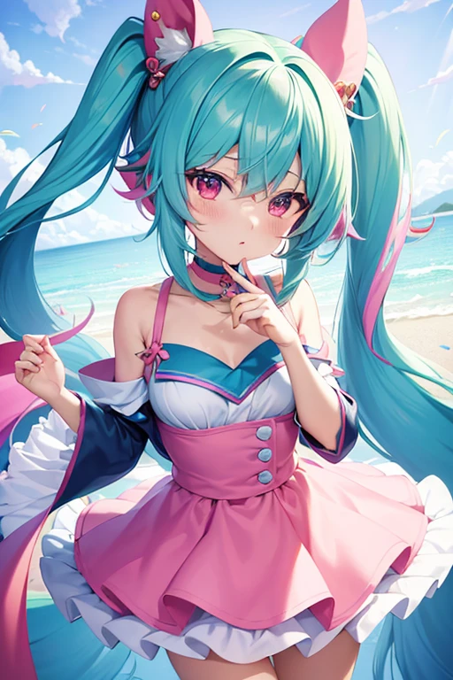 (( pink teal green hair color)), pink eyes,sexy woman, cat ears, hearts, floating hearts, face only, long hair, smiling, hair ornament, up close face, closed mouth smile, up closeface, hair bows, sexy body, sailor scout