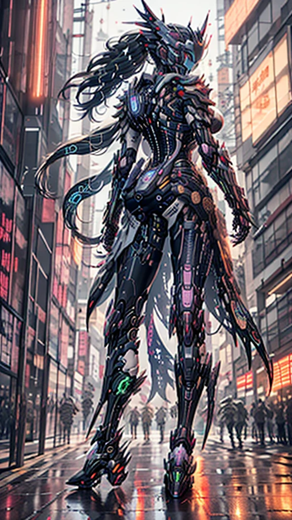  full body shot， had a woman dressed in black and green ，Perfect looks， full body black cyberpunk style outfit ,  carrying a rucksack ， cyberpunk super long hair ， calm cyberpunk style ,  cyberpunk suit,  cyberpunk face mask ,  cyberpunk long cape ， cyberpunk's super-long mechanical tail is attached to the coccyx， cyberpunk style,  Cyberpunk Tech Wear , 落ち着いた Cyberpunk Style ,  Cyberpunk Style ,  Cyberpunk Style , wearing  calm cyberpunk style , cyberpunk soldier,  girl  ,  cyberpunk Character design , 全身黒の cyberpunk style衣装,  Raven in cyber armor ,  Cyberpunk Outfit 、Overall purple、that time i got reincarnated as a slime、Zion、large sword 、Her hair is purple、Change white to purple、Big Breasts、