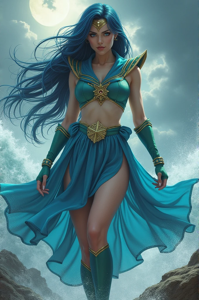 divindade "feminina", de cabelos longos sedosos, cabelos verdes, olhos astutos, usando uma roupa sensual hunfa antiga Wuxia, voluptuosa fisicamente, "seios grandes",athletic size, roupas cores escuras, mulher linda, holding with one hand a Wu Dang sword,at first walking on water with the lightness of a leaf (cena detalhada, filmes, natural  lightting)