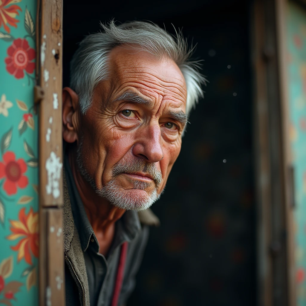 close-up poor anxious Russian old man clear facial features, bright colors, light particles, with bright light, Mushhiv, wallpaper art, UHD wallpapers, vivid atmosphere, near an old house, village