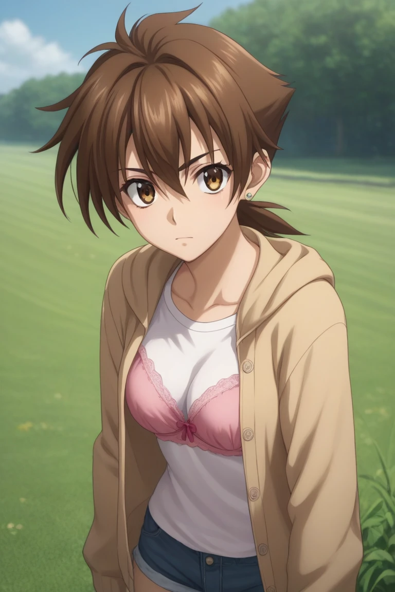 score_9, score_8_up, score_7_up, source_anime, rating_safe,, looking at viewer, girl, solo, issei_hyoudou, brown hair, brown eyes, hair between eyes, medium breasts, jewelry, earrings, pink bra, cardigan, short shorts, outdoors, field,