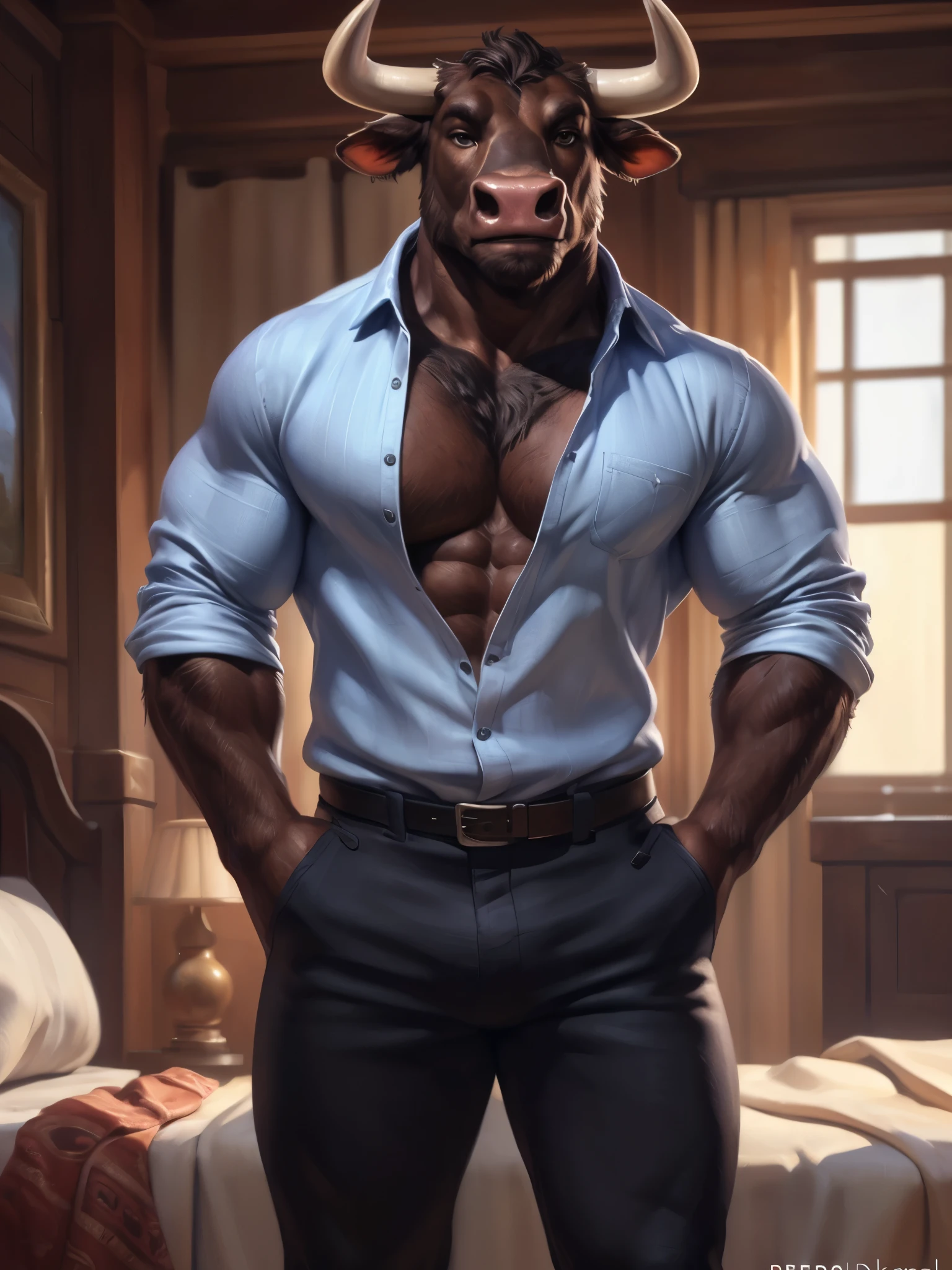 ((solo)), male, Anthro (bovine), ((light blue button down shirt, black pants)), ((standing)), ((muscular, beefy:1.3)), ((front view)), bedroom, by personalami, by pixelsketcher, by taran fiddler, by honovy, smiling, (dark brown fur)