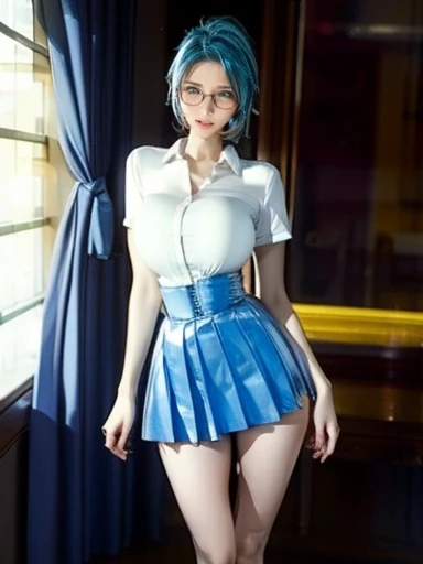          full body shot        、8k, masterpiece,    RAW photo,    best quality , Realistic,      elegant suit wearing high-resolution CG Unity 8K wallpaper ,      Light Blue Mini Skirt、  depth of field    , Cinematic Light,       lens flare     ,       ray tracing   , (       very beautiful face       ,  beautiful lips,        beautiful eyes ),     Detailed aspects  , ((  super detailed skin ))       girl   ,     in the dark    , deepshadow, Cute Korean   girl,  K-POPアイドル ,       girl1人, (Very slim and slendet muscular body:1.3), (( Viewers)),(Big smile:1.3), (    Blurry Background  ),(  nobody is in court  :1.3),         beautiful earrings        ,      Bracelets,   Clear Eyes  , walk, (Pale skin),   thin waist,     looking forward to    , (Brown bristle   ), (         full body shot        ), , ((Blue high waist skirt)), , ( Viewers:1.3)  open chest , Very slim,    Medium Chest ,     focus on your butt    , In front of eyebrows,   beautiful thighs in books ((     white shirt   :1.3)), (    Double Breasted,     underbust :1.2), Short sleeve,      Button Gap     ,     frameless glasses   ,      CORSET BELTS      ,  Beautiful Blue Hair 
