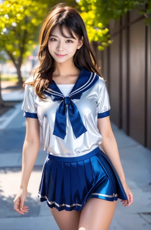  very cute and pretty girl) ( very cute face:1.2),(baby face),(big, Sparkling, transparent,  charming eyes:1.2), beautiful detailed eyes,  double eyelids with attention to detail , smile, ( photorealistic photo :1.1), Running on the road, ( Super Shiny Metallic Dark Blue Sailor High School Uniform:1.5),(Ultra shiny metallic dark blue pleated skirt :1.1), ( brown hair:1.2),Professional portrait photography ,Costume with an Extremely Smooth and Highly Reflective Surface  