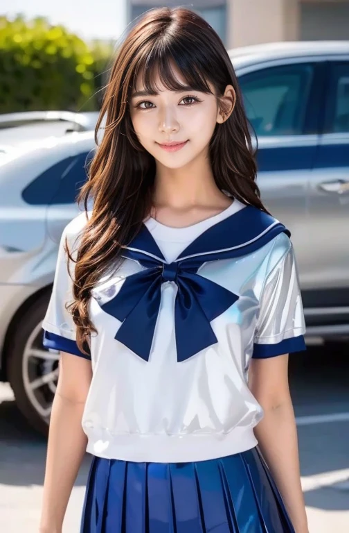  very cute and pretty girl) ( very cute face:1.2),(baby face),(big, Sparkling, transparent,  charming eyes:1.2), beautiful detailed eyes,  double eyelids with attention to detail , smile, ( photorealistic photo :1.1), Running on the road, ( Super Shiny Metallic Dark Blue Sailor High School Uniform:1.5),(Ultra shiny metallic dark blue pleated skirt :1.1), ( brown hair:1.2),Professional portrait photography ,Costume with an Extremely Smooth and Highly Reflective Surface  