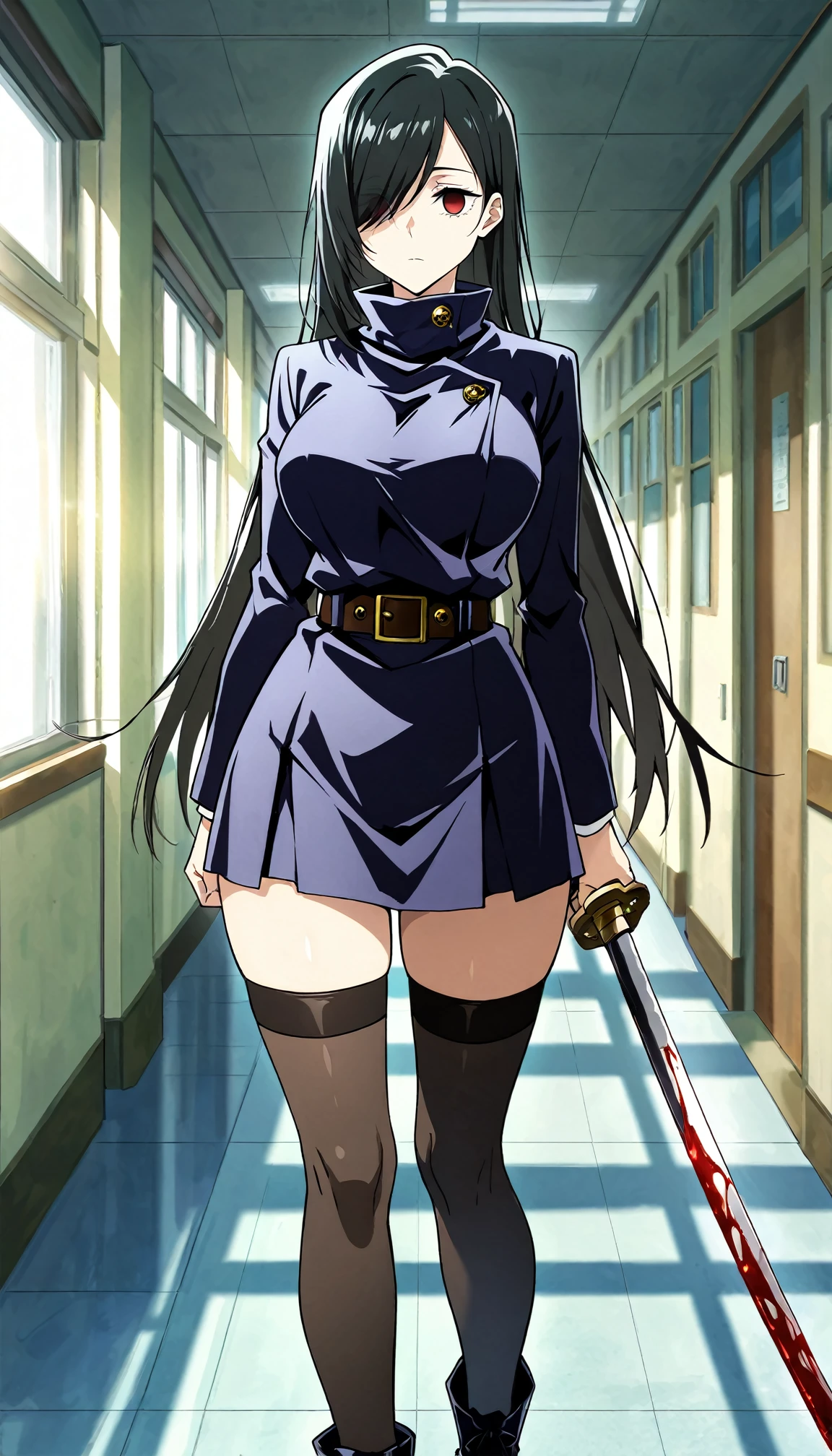 1girl, Solo, Looking at viewer, Shy, ((Cute)), Red Eyes, Empty Eyes, Expressionless, Black Hair, (Very Long Hair:1.2), Straight Hair, ((Hair Over Right Eye, Swept Bangs:1.5)), short height, Large breasts, Pale Skinned, Slender, Curvy, long-sleeved, jujutsu high uniform, turtleneck short dress, belt, thigh highs, combat boots, Standing, holding a blood katana, day, school hallway background, anime screencap, official art, Jujutsu Kaisen style, (Masterpiece, Best Quality, 8K, HDR, Absurd Resolution, Accurate, Award Winning)