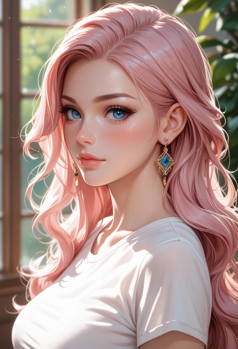 1girl, solo, long_hair, jewelry, earrings, pink_hair, blue_eyes, looking_at_viewer, upper_body, breasts, lips, shirt, closed_mouth, eyelashes, white_shirt, from_side, medium_breasts, blush, very_long_hair