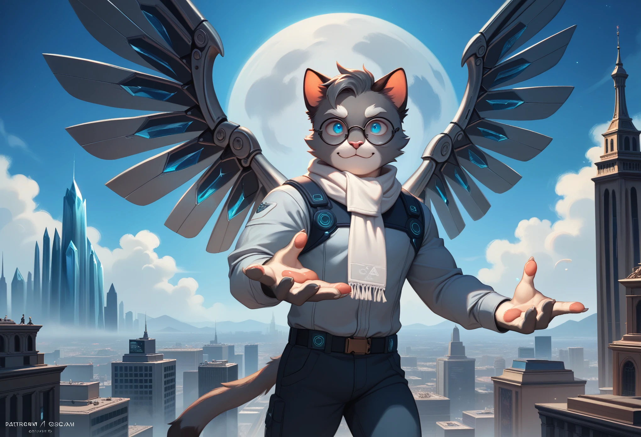 Highest quality, delicate painting style, delicate hook line, masterpiece, delicate skin, delicate hair, complete painting, masterpiece, delicate hands, delicate eyes, normal eyes, gray cat ears, furry, black frame round glasses, blue eyes, handsome, ((white scarf)), cat style, Shota, cyberpunk, blue pupils, city night view, gray crystal wings, mottled light and shadow, boy, bright eyes of God. , crystal shards in the air, cities, gray fur