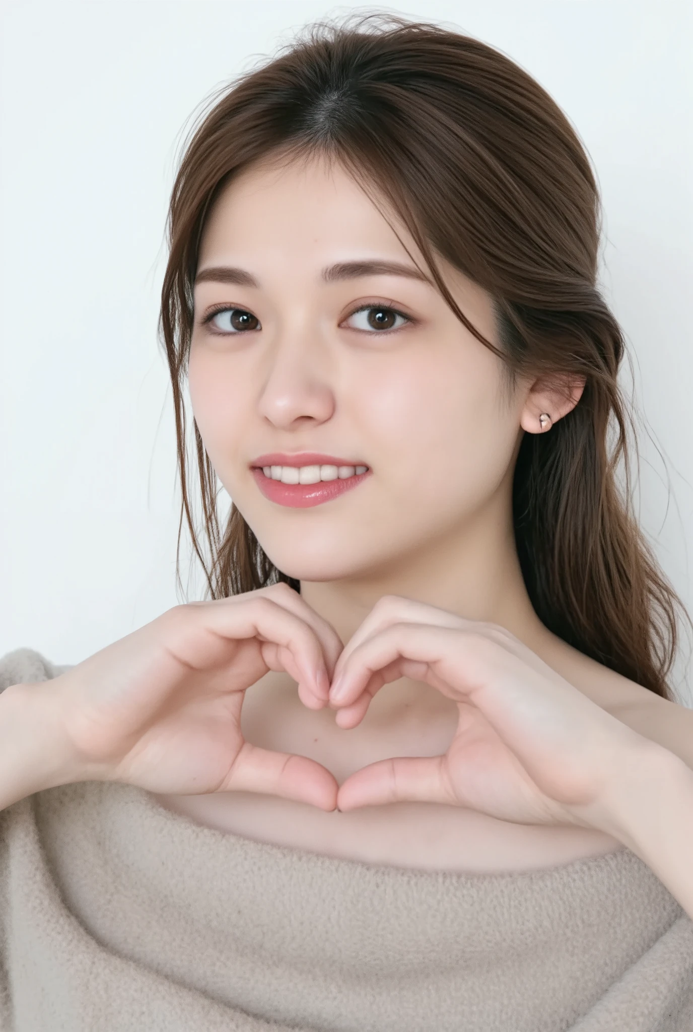 Only one woman with a cute smile wears cute, fluffy off-shoulder pajamas, makes a big heart shape with both hands, and poses them in front of her chest, View above collarbone、The background is a monotone 

