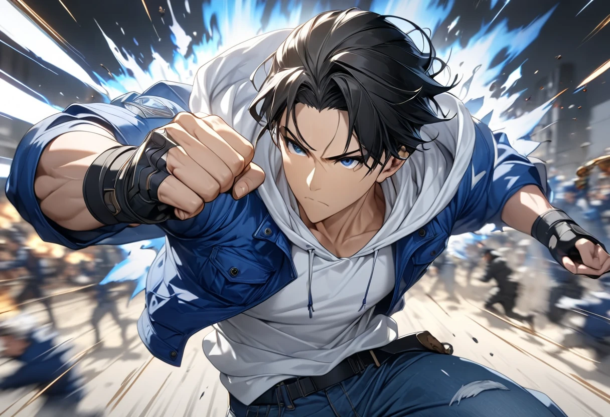 (masterpiece,  best quality:1.2), dark haired young man"Asuka" , Fist with a Sacred Pale and White Aura  , clothing: Wearing a white hoodie, blue jacket, jeans, and fingerless driver gloves , Alone,  Dead monsters scattered around ,High speed battle((  Motion Blur ：2.0,  background blur)) ,The scene of the moment you punch a black armed soldier in The Last Battalion , A warrior worth a thousand men, There is no match in heaven, Focus on Fist , cool design art , best quality, shape,  very detailed, fine,  high definition , 8k wallpaper, Biologically accurate depiction, real 2D digital art,psychic action hero,