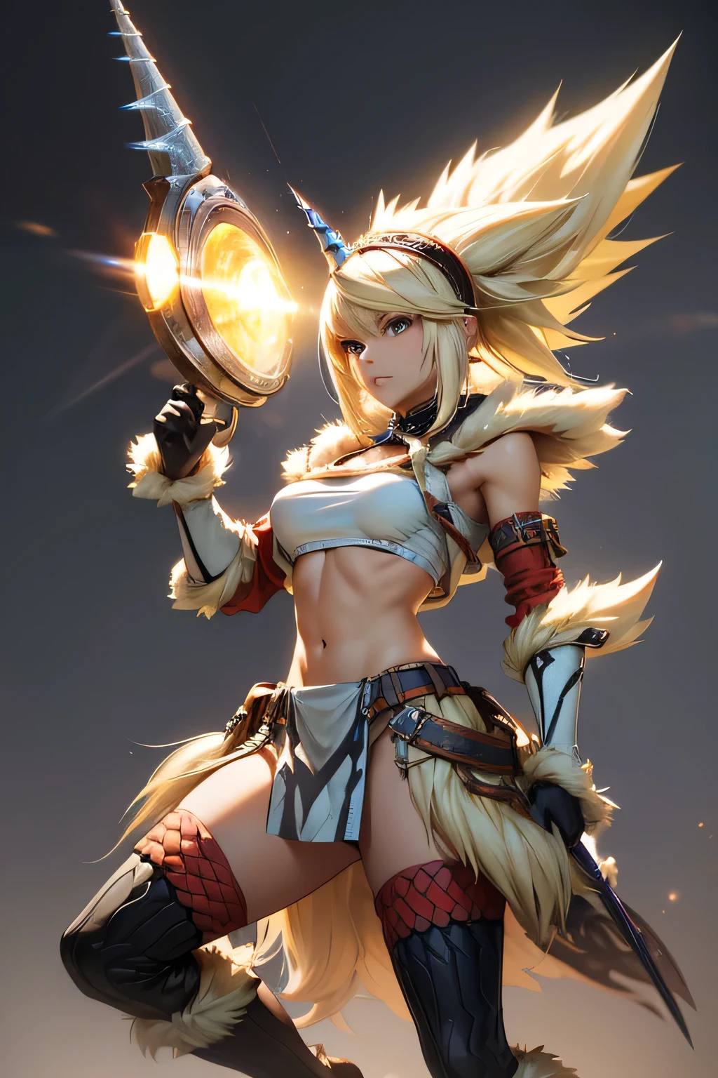  perfect anatomy　 best quality, highest resolution,(((woman　 shiny top　Light blonde hair)))　 Monster Hunter　Kirin Gear　cool