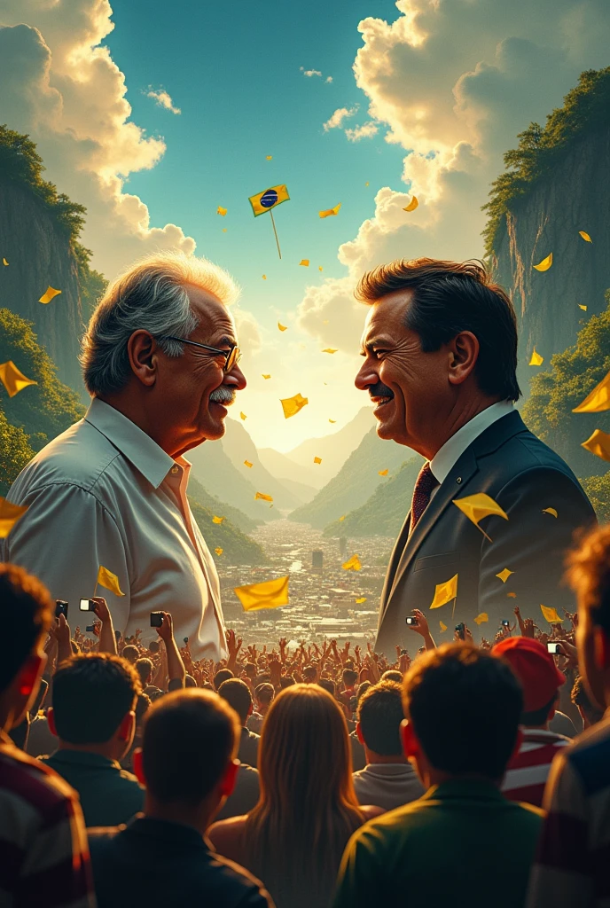 fotografia hyperrealista presidente luiz inacio lula da silva e presidente bolsonaro, Fighting over who is the best singer ,in a karaoke battle with microphone in hand, com raiva e vontade. informal Rio de Janeiro summer