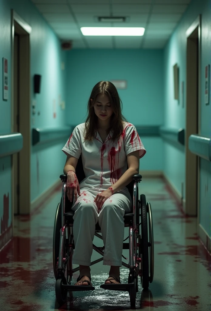 young woman nurse in wheelchair in abandoned hospital covered in blood, focus on whole body, horror scene