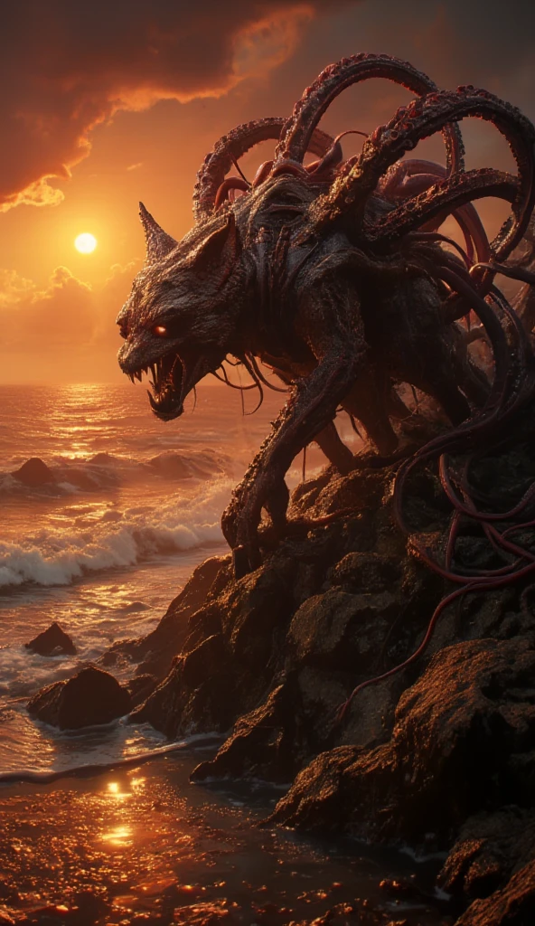  Horror scene, outlast, silent hill atmosphere. A horrifying wolf-octopus hybrid prowls along the rocky shoreline where the wolf and octopus clashed. Its body is a twisted fusion of wolf fur and rubbery octopus skin, with numerous tentacles adorned with suction cups and claws sprouting from its back. Its head features a wolf's snarling mouth lined with needle-sharp teeth, but with multiple, lidless eyes. As waves crash behind it, the creature's tentacles writhe menacingly, blending into the sinister orange light of the setting sun, (Ultra-realistic, 32k, Masterpiece, High Quality, Detailed Realistic Background, Official Art, Realistic Lighting, filmfotos, film grain, reversal film photography), Mysterious