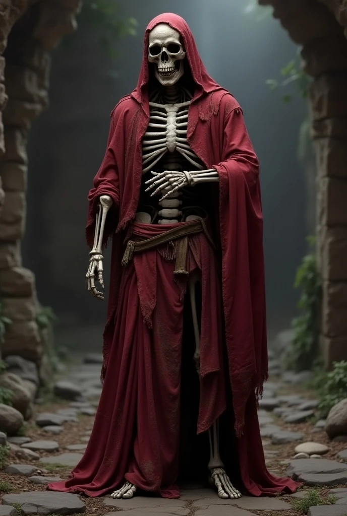 mage in a state of mummification, wearing a red robe, your skin is wrinkled and your muscles are very thin, your eyes are opaque and milky.