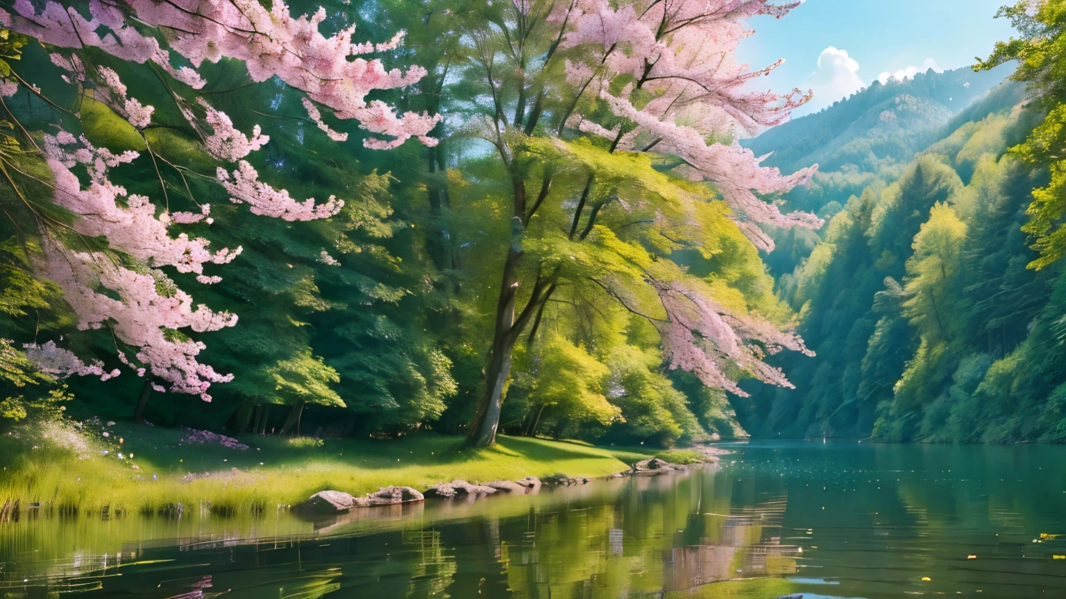 A beautiful spring forest landscape, lush green trees, vibrant flowers, sunlight filtering through the leaves, serene lake, detailed foliage, photorealistic, cinematic lighting, warm colors, studio lighting, 4k, hyperdetailed, masterpiece, stunning scenery, idyllic nature, highly detailed, realistic, sharp focus