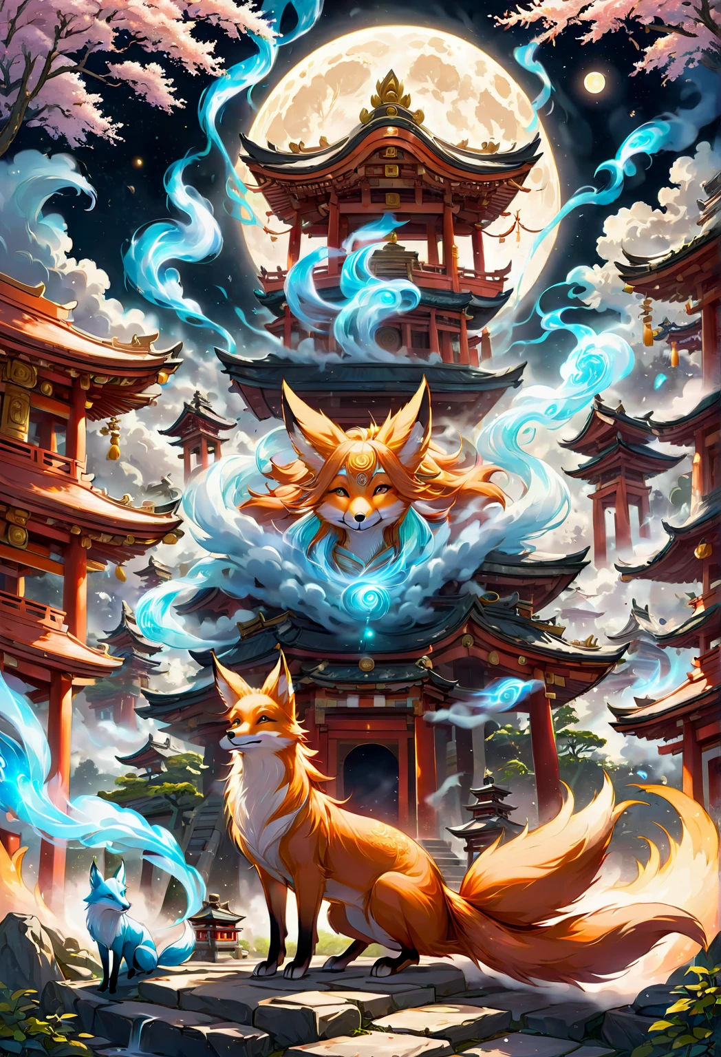  Magical Creatures , fox, magical fox, (fox with magical aura and white smoke), At the Shrine , Full moon in the background, (masterpiece), ( best quality ), ( Ultra High Details)