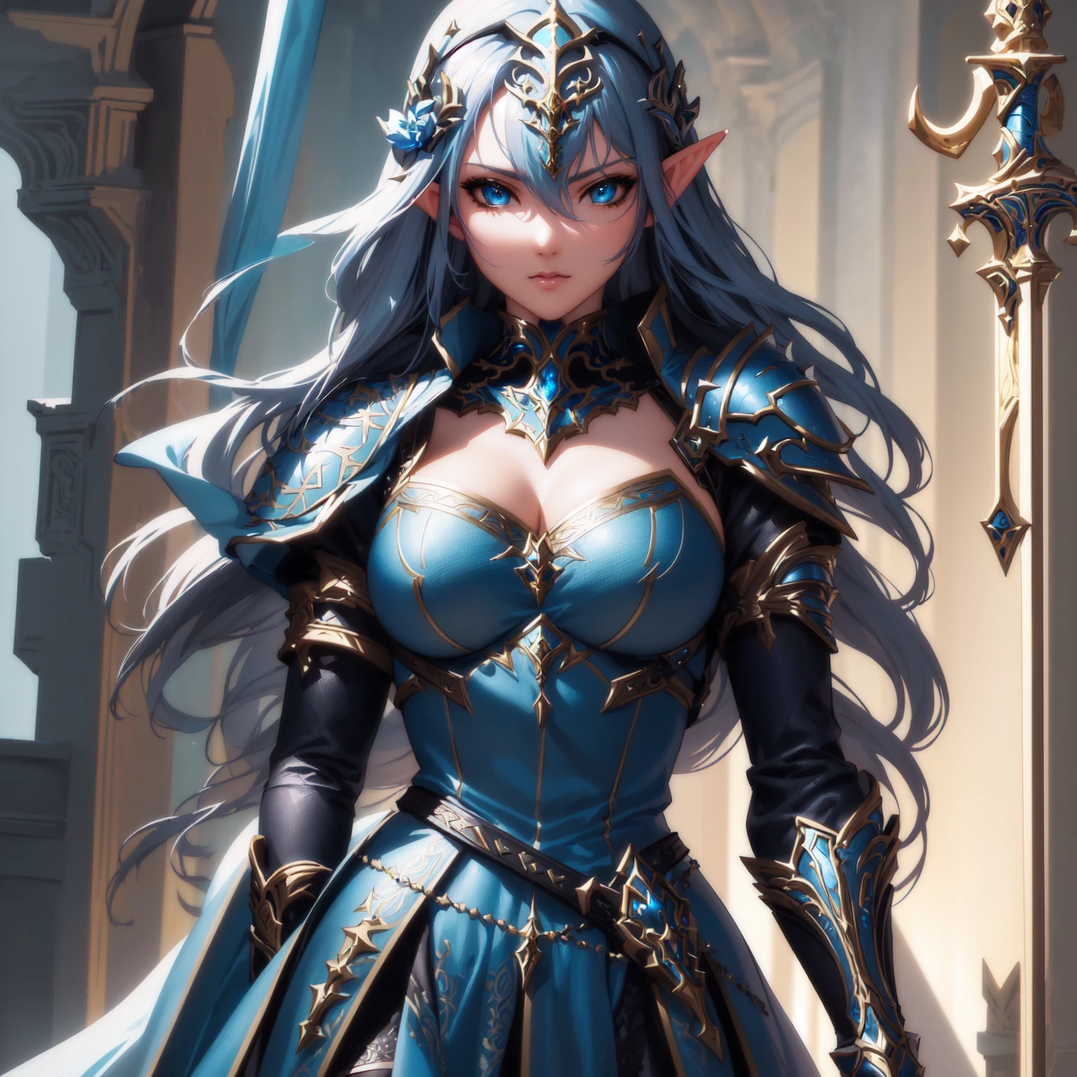 Create a beautiful elf female character with an enchanting aura, captivating blue eyes, and an alluring demeanor that exudes elegance and confidence. --auto --s2