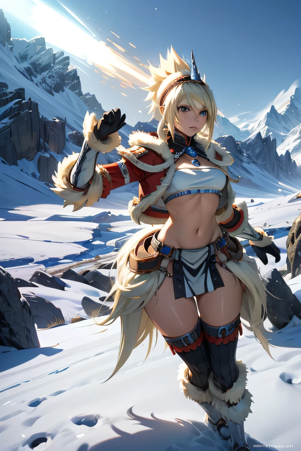  perfect anatomy　 best quality, highest resolution,(((woman　 shiny top　Light blonde hair)))　 Monster Hunter　Kirin Gear　cool 　 snowy mountains