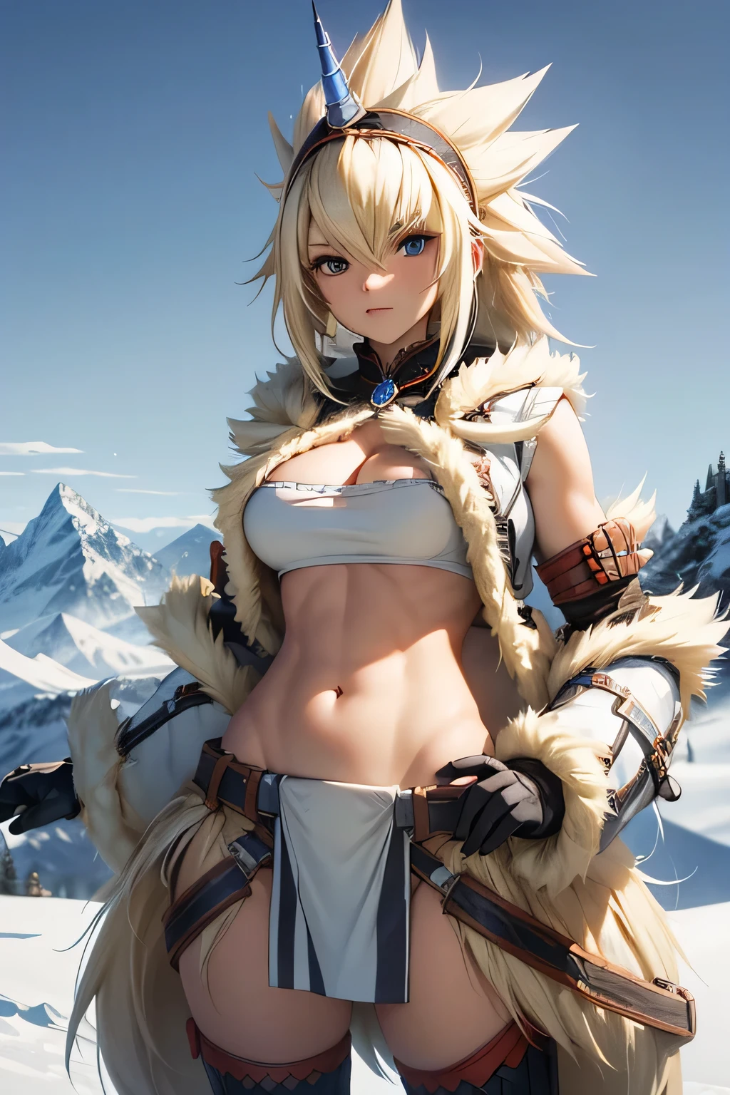  perfect anatomy　 best quality, highest resolution,(((woman　 shiny top　Light blonde hair)))　 Monster Hunter　Kirin Gear　cool 　 snowy mountains　 out of your belly button