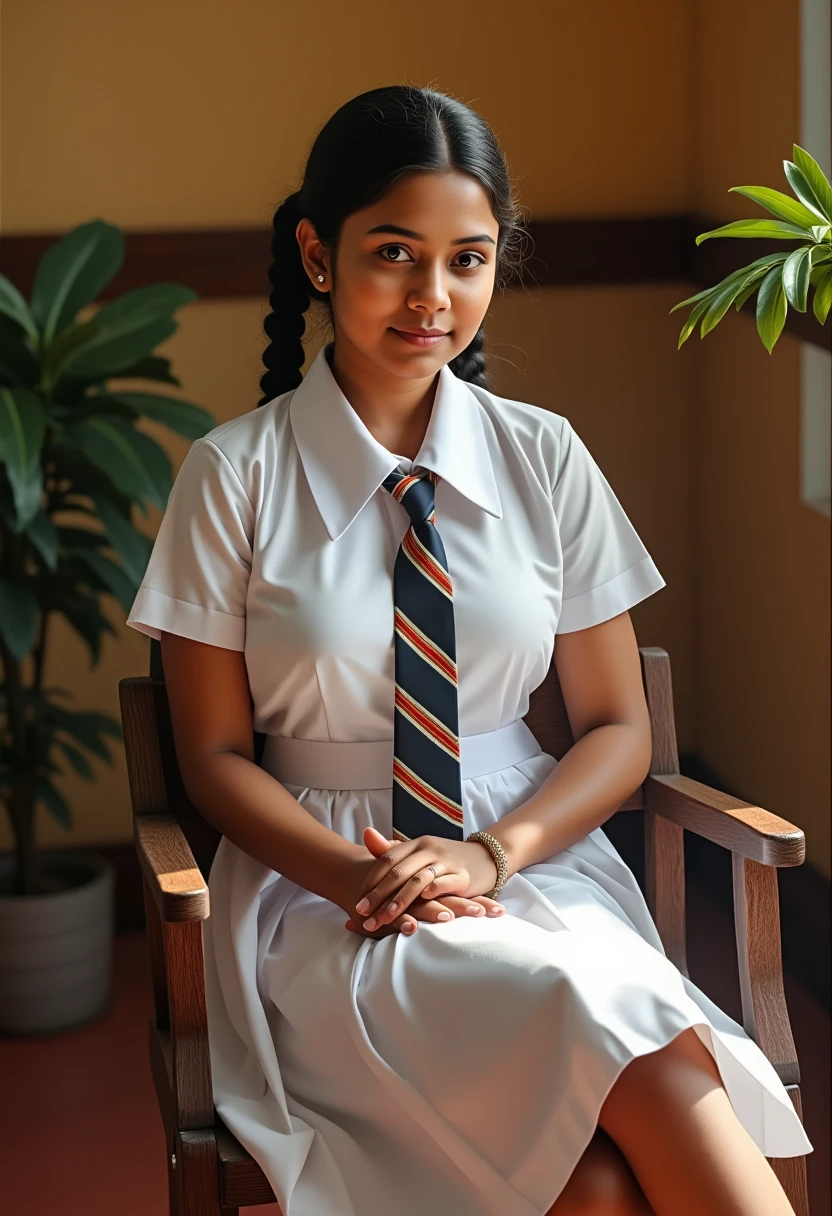 a beautiful cute young teen girl, sri lanka , big breasts size , detailed white frock uniform, color tie , sitting on the chair, beautiful barefoot , full body , wide photo ,cinematic lighting, hyperrealistic, photorealistic, 8k, masterpiece, warm colors, natural lighting , high quality, intricate details, tanned dark color skin, sweaty skin