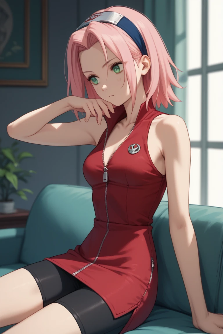 (side angle), sitting, slender tiny waist. sexy body, sexy figure, sexy, tiny waist, desireable, tempting, lust, sakura haruno, medium hair, green eyes, pink hair, parted bangs, bike shorts, bare shoulders, collarbone, sleeveless, sleeveless dress, zipper, zipper pull tab, forehead protector, medium breasts, slender body, slim, tiny waist.  tiny waist.