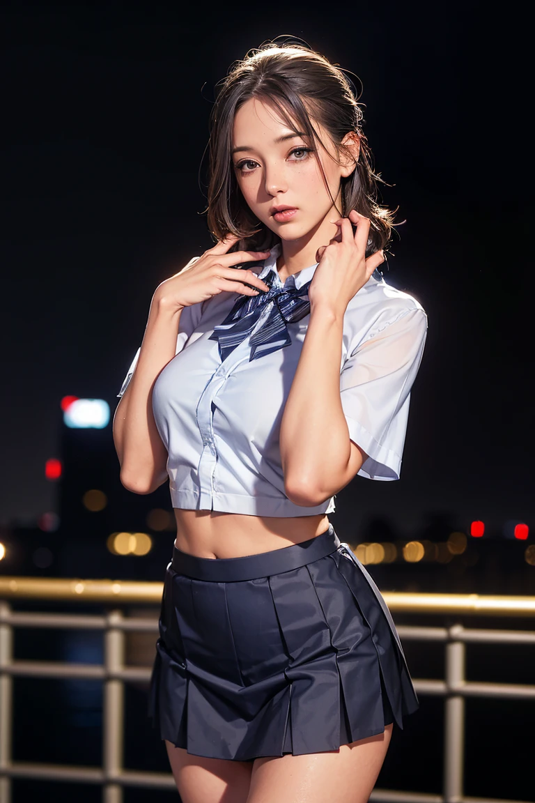 (8k,  RAW Photos, masterpiece:1.3), (Realistic, photo-Realistic:1.37), (  knight ), ( Viewers:1.331), (Gray Hair), Pose, tokyo street,   knight cityscape,  cyberpunk city, Soft light,  1 girl,   very beautiful face ,  Bust, Put your hands down, Random hair style , Random Expressions, Big Eyes,  Lower abdomen , (Short sleeve .ＪＫ_shirt), ＪＫ_ style , (dark blue ＪＫ_skirt), (bow ＪＫ_tie),  mix 4.,  best quality